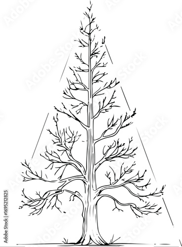 Cedar tree outline with tall triangular shape, clear black contour line drawing on white