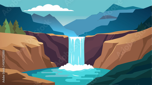 A steep waterfall cascades into a deep pool in the mountain stream creating a dramatic and breathtaking sight within the rocky landscape.