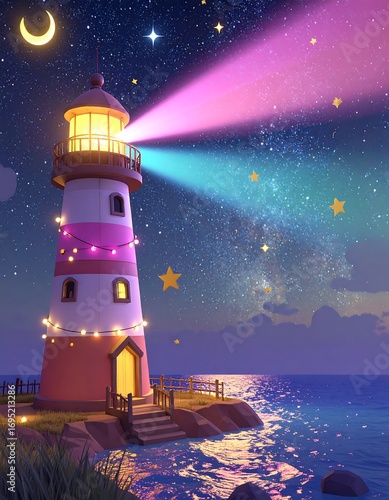 Lighthouse at night, colorful rays
