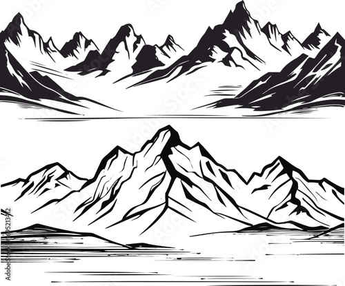 Mountain landscape outline black line drawing with peaks and horizon clean vector style 1