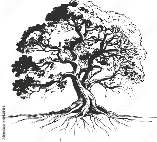 Oak tree outline with wide crown and exposed roots, black line art on white background 2