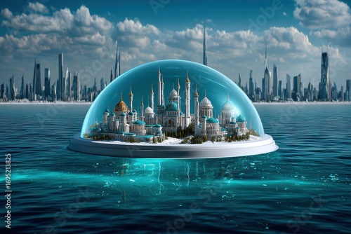 Futuristic city within a glass dome surrounded by azure waters showcasing advanced architecture and serene beauty