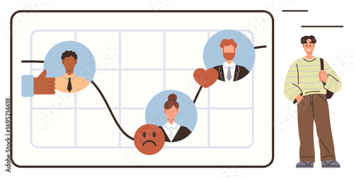 Graph with data, emoticons marking emotions, team members, thumbs-up and heart icons. Ideal for performance analysis, teamwork, emotional feedback, sentiment tracking, business trends HR tools