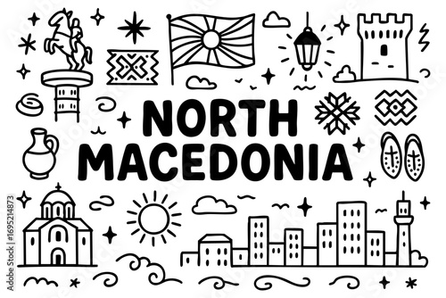 North Macedonia doodle compilation: national flag, Skopje fortress, traditional ajvar jar, peppers, grapes, stone bridge, churches, towers, city skyline, and cultural ornaments.