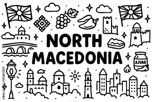 North Macedonia doodle compilation: national flag, Skopje fortress, traditional ajvar jar, peppers, grapes, stone bridge, churches, towers, city skyline, and cultural ornaments.