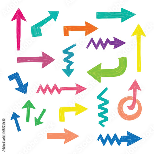 Colorful hand drawn arrow collection pointing direction diverse shapes and sizes isolated on white vector