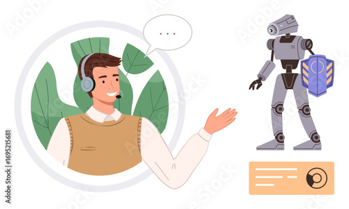 Man wearing a headset discussing with a robot assistant holding a shield. Ideal for teamwork, AI integration, customer service, innovation, communication, technology, problem-solving. Flat design