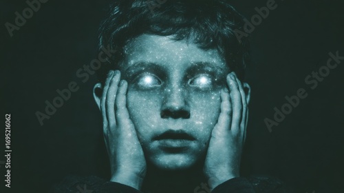 Eerie child portrait with glowing eyes in dark green background. Creepy halloween concept. Horror movie poster. Paranormal activity and supernatural phenomenon