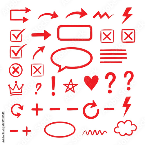 Hand-drawn red icons and symbols set featuring arrows checkmarks hearts and more vector
