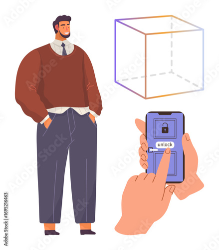 Man standing confidently beside transparent cube and hands holding smartphone with unlock screen. Ideal for innovation, technology, interactivity, security, modern lifestyle, problem-solving, vision