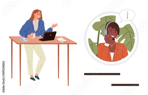 Woman at desk talking during a laptop video call with a headset customer agent. Ideal for communication, teamwork, business support, remote work, customer service, online collaboration, simple flat