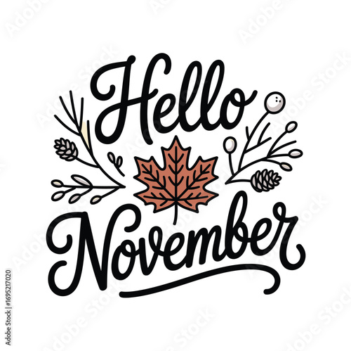 Hello november autumn fall season maple leaf design vector illustration graphic art november vibes template