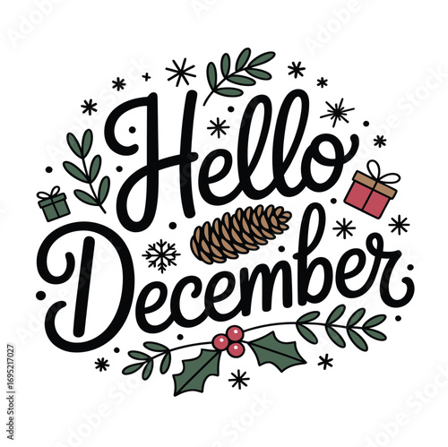 Hello december winter holiday season festive december christmas greeting card december background design vector