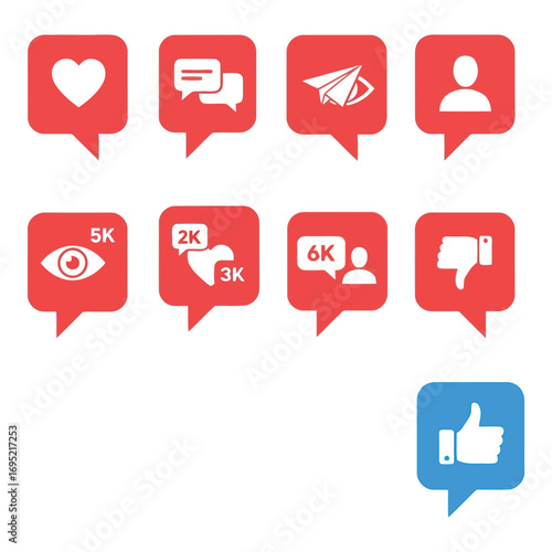 Social media notification icons for likes shares views and engagement on red speech bubbles vector