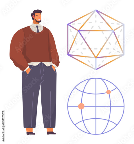Man in casual business attire beside a wireframe dodecahedron and a globe with points marked. Ideal for innovation, design, teamwork, leadership, global reach, abstract thought, science, and simple