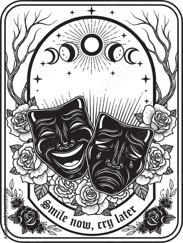 Smile Now Cry Later Tragedy Comedy Masks with Moon Phases and Floral Design