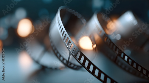 Old vintage film strip with motion picture material. Classic movie reel cinema background. Retro video filmography concept.