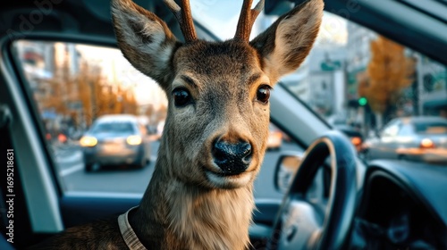 Clumsy driver chaos: lost deer, confused motorist, road mistake, careless turn, silly traffic, wrong lane, unexpected stop, street hazard, beginner steering, awkward moment