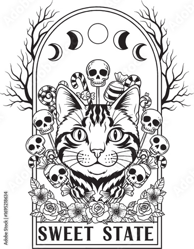 Smiling Cat Surrounded by Skulls with Sweet State Banner in Dark Gothic Style