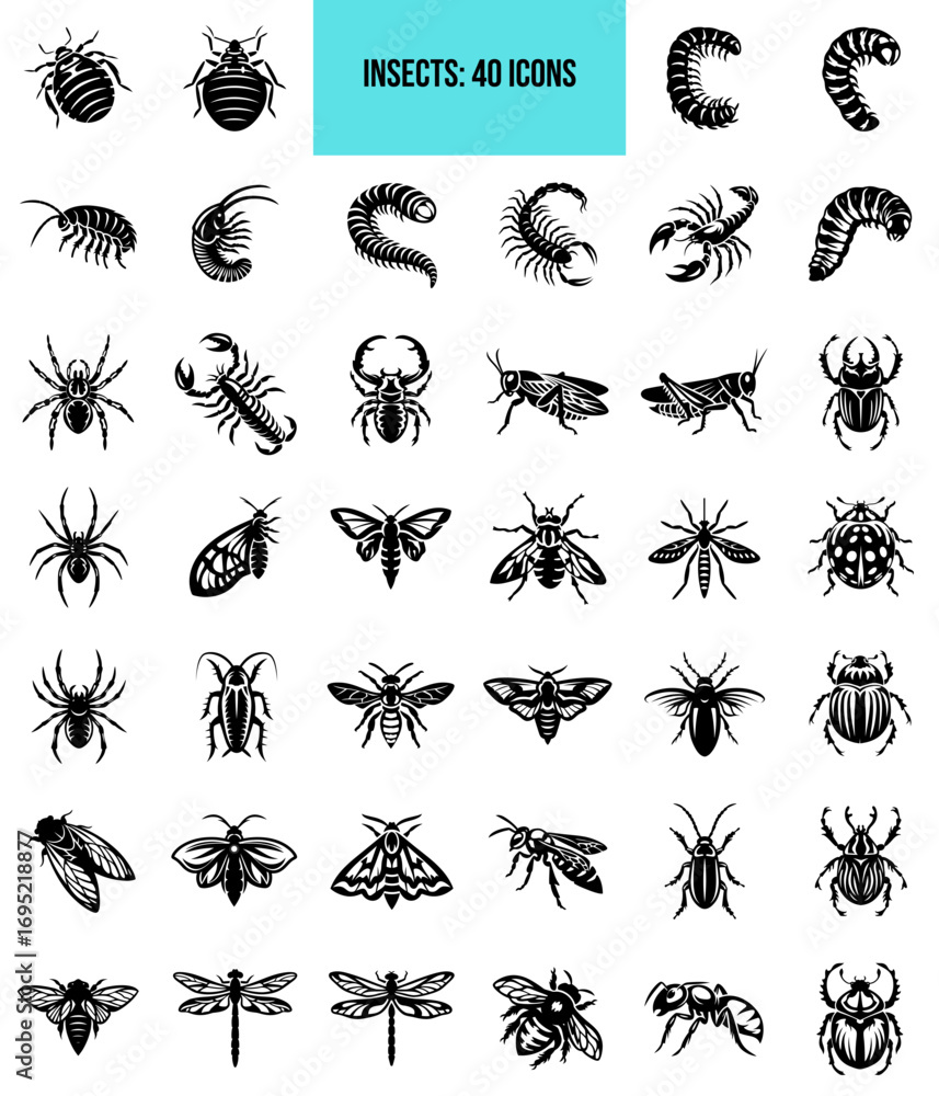Obraz premium Insects icon set featuring 40 diverse black illustrations 