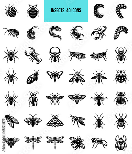 Insects icon set featuring 40 diverse black illustrations  