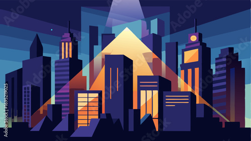 A symphony of lights and shadows with tall buildings creating a dramatic interplay against the bright city lights.