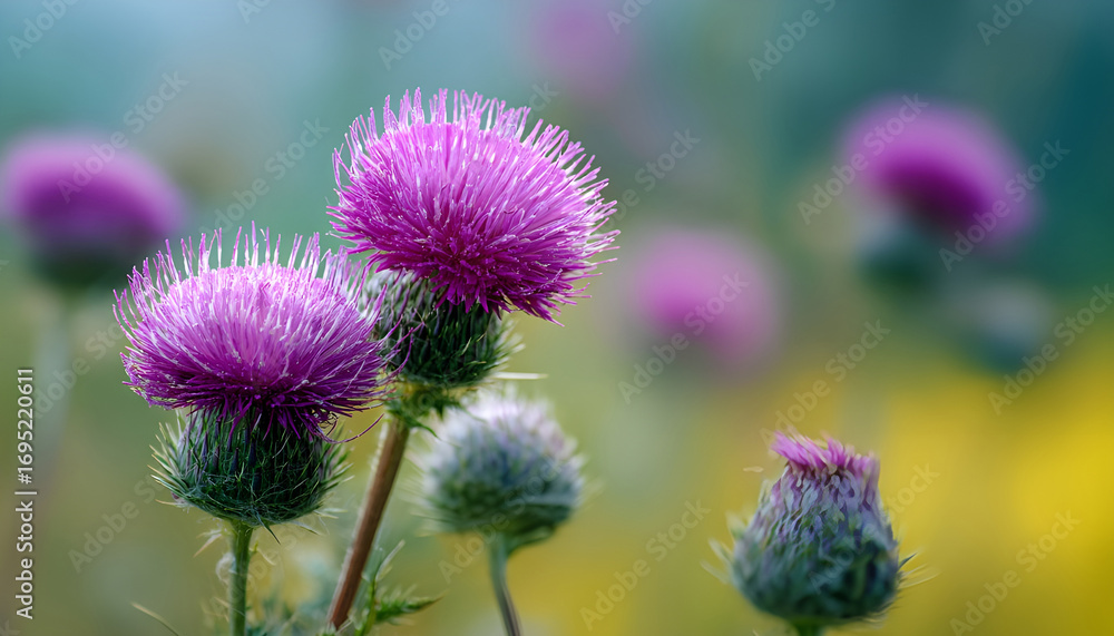 Fototapeta premium thistle flowers close up on blurred field background