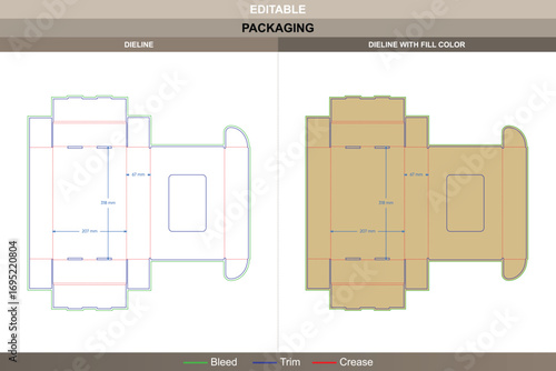 Mailer boxes with window dieline, die line layout for wingless packaging, printable vector template, and product packaging mockup for custom mailer design