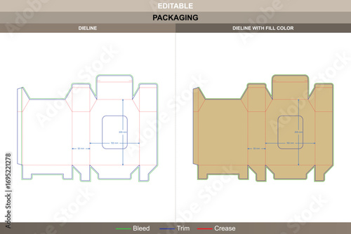 Tuck end box variations dieline with window insert, die line layout for packaging, printable vector mockup, and product packaging template for display boxes