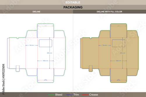 Tuck end boxes dieline with back open design, die line included, vector template, printable product packaging mockup, and professional display box layout