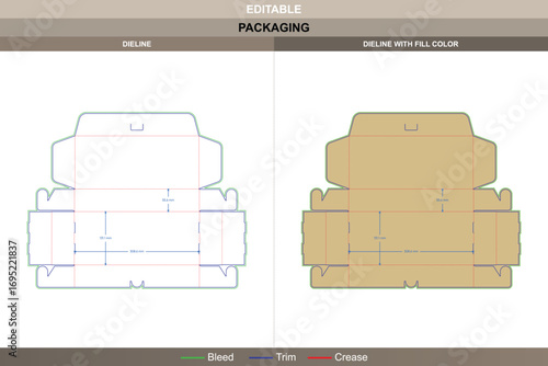 Tuck end mailer box dieline with flip top closures, die line layout, vector template, printable product packaging mockup for interlocking buckle boxes