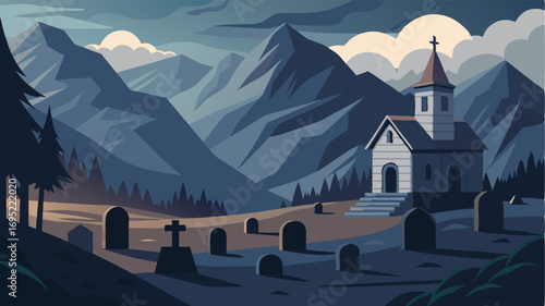 In the shadow of towering mountains a humble churchyard provides a sense of tranquility and somber reflection.