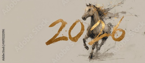 Elegant 2026 illustration with running horse in Asian ink brush style and golden calligraphy numbers. Symbol of speed, strength, and new year celebration.