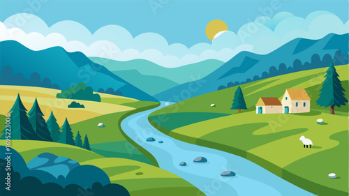 A serene river flowing through a peaceful countryside with grazing sheep and quaint farmhouses in the distance.