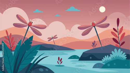 Dragonflies hover above the waters surface adding pops of color to the otherwise muted landscape.