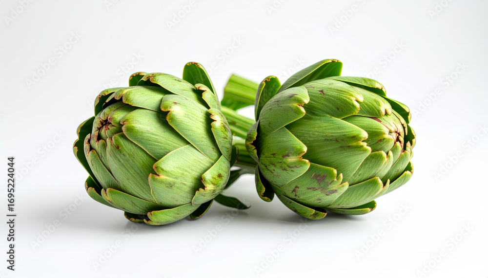 Fototapeta premium Two fresh green artichokes with stems on a clean white background