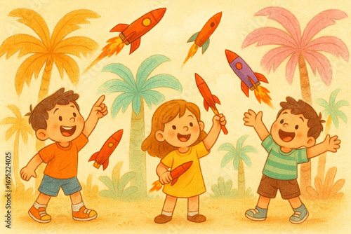 Kids launching small rockets among pastel palm trees soft textures warm colors friendly cheerful cartoon illustration