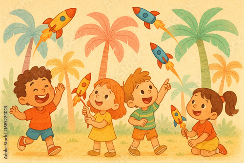 Kids launching small rockets among pastel palm trees soft textures warm colors friendly cheerful cartoon illustration