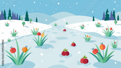 Despite the chill in the air the winter meadow is bursting with life. The snowcovered grasses are dotted with colorful berries while small animals rustle beneath the blanket of