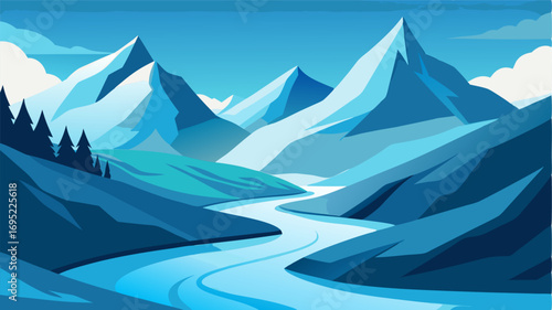 A valley nestled between snowcapped mountains with a glistening river winding through the snowy landscape.