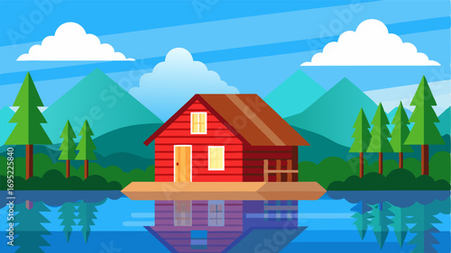 A simple log cabin with a chimney and a red roof sits on the edge of a clear lake reflecting the towering trees and blue sky.
