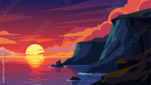 As the sun sets behind the rocky bluff the colors of the sky reflect off the ocean waters creating a breathtaking sight.