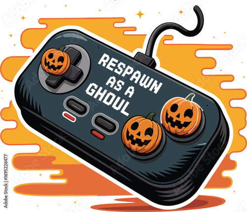Retro video game controller with carved pumpkins for buttons and halloween themed text isolated on transparent background
