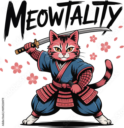 Awesome meowtality cat samurai warrior ready for battle with katana and floral accents a fierce feline warrior transparent background