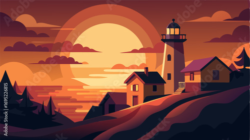 As the sun sets over the horizon the lighthouse illuminates the village with a warm glow giving it a cozy and inviting atmosphere.