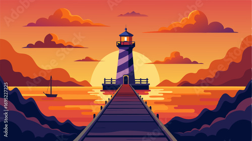 At the end of the boardwalk a picturesque lighthouse stands tall against the vibrant sunset sky guiding ships safely into the harbor.