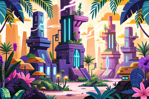 Cyberpunk jungle with neon glowing plants and futuristic ruins, surreal sci-fi wilderness