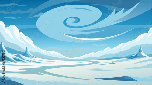 A vast icy desert the wind swirling the powdery snow into intricate patterns.