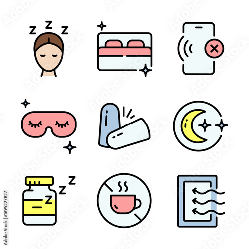 Sleep Hygiene And Wellness color icons set. Tips better sleep flat signs. Promoting relaxation and better sleep through mindful habits and routines. Isolated Vector Illustration.