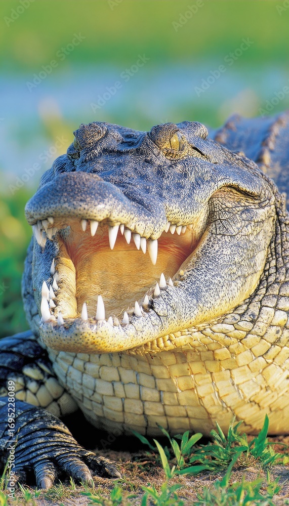 Obraz premium A close-up of a large, formidable crocodile with its mouth agape, showcasing sharp teeth and a textured, scaled skin; the natural setting of the wetland is visible in the background.